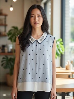 Monteau Light Blue Polka Dot Sleeveless Top with Embellished Collar